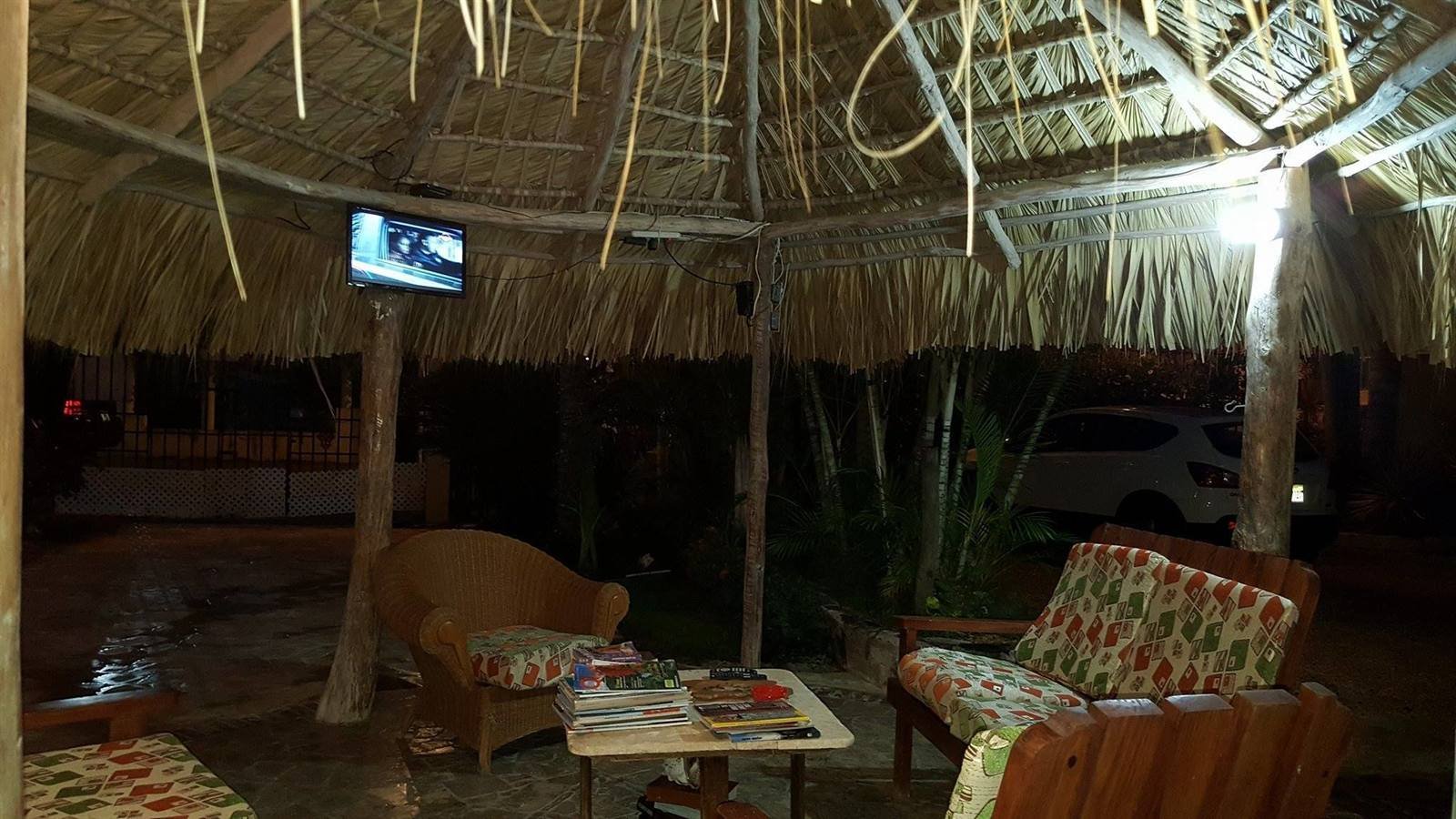 Thatched-roof lounge with wicker furniture and a TV